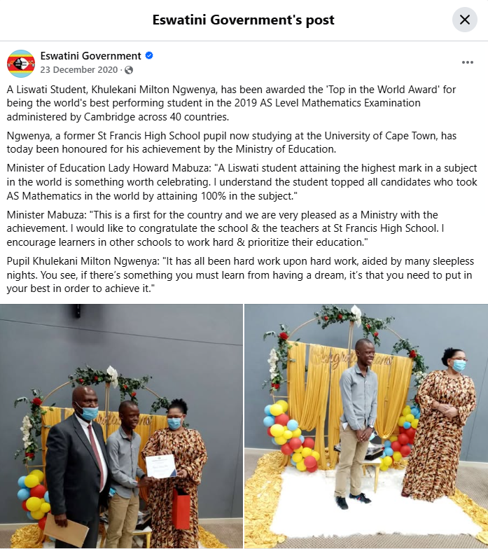 Khulekani Milton Ngwenya receiving world achievement recognition